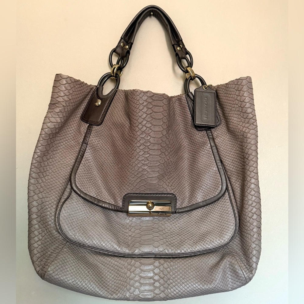 Kristen Coach bag taupe grey embossed snakeskin